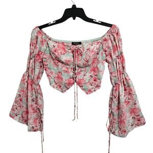 Floral Pink Puff Long Flare Sleeve Self Tie Front Crop Corset Top. Size Large